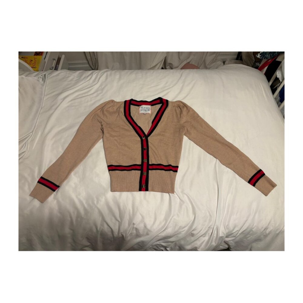 Alexia Admor light tan, red, and black cardigan